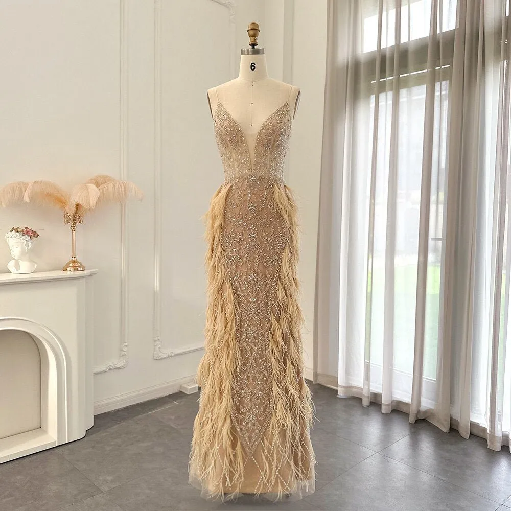 Luxury Feathers Mermaid Champagne Evening Dresses