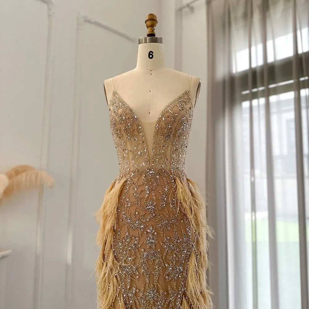 Luxury Feathers Mermaid Champagne Evening Dresses