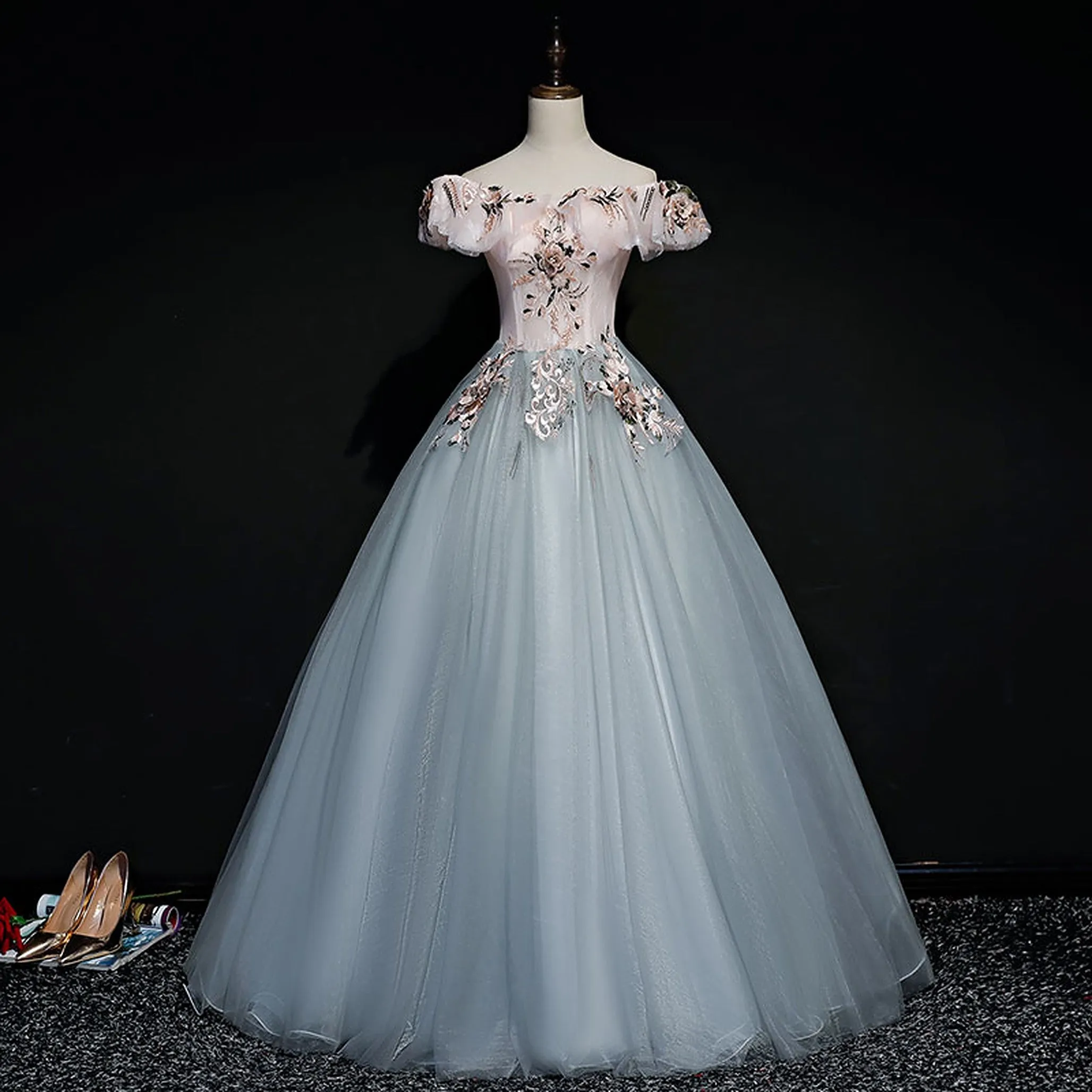 Luxury Off-Shoulder Floral Quinceañera and Evening Party Dress