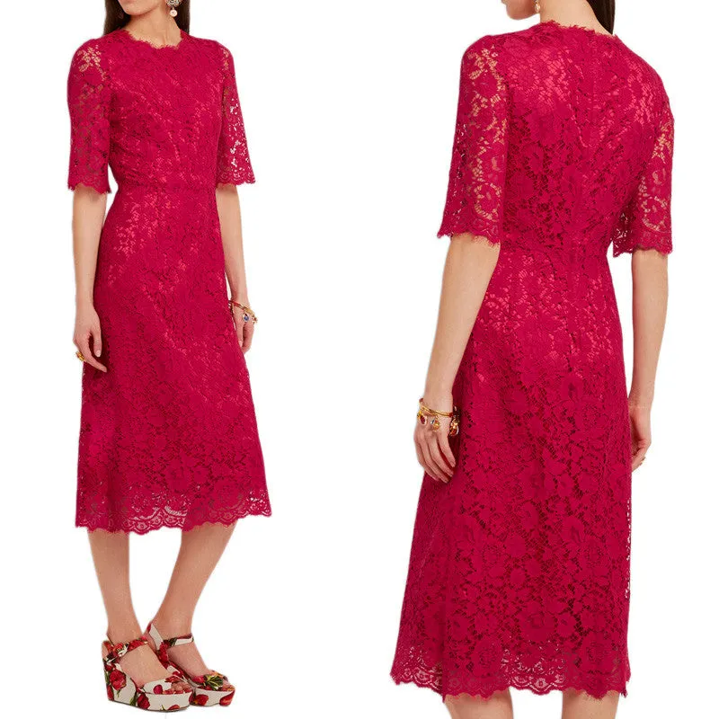 MACloth Half Sleeves Midi Cocktail Dress Luxury Lace Red Dress