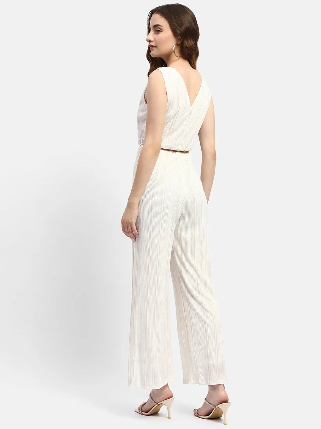 Madame Surplice Neck White Textured Jumpsuit