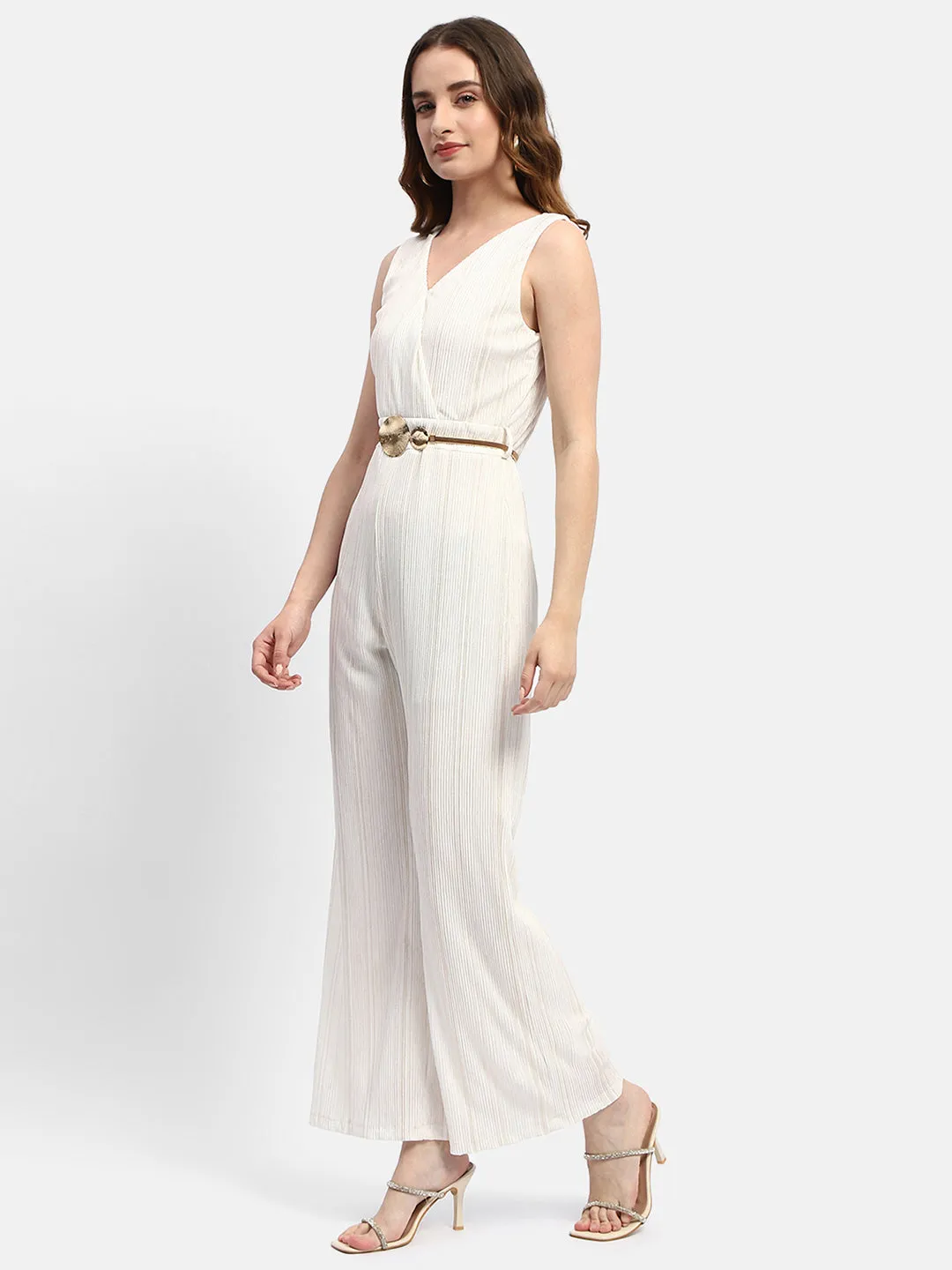 Madame Surplice Neck White Textured Jumpsuit