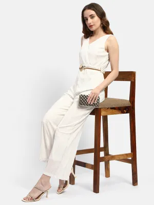 Madame Surplice Neck White Textured Jumpsuit