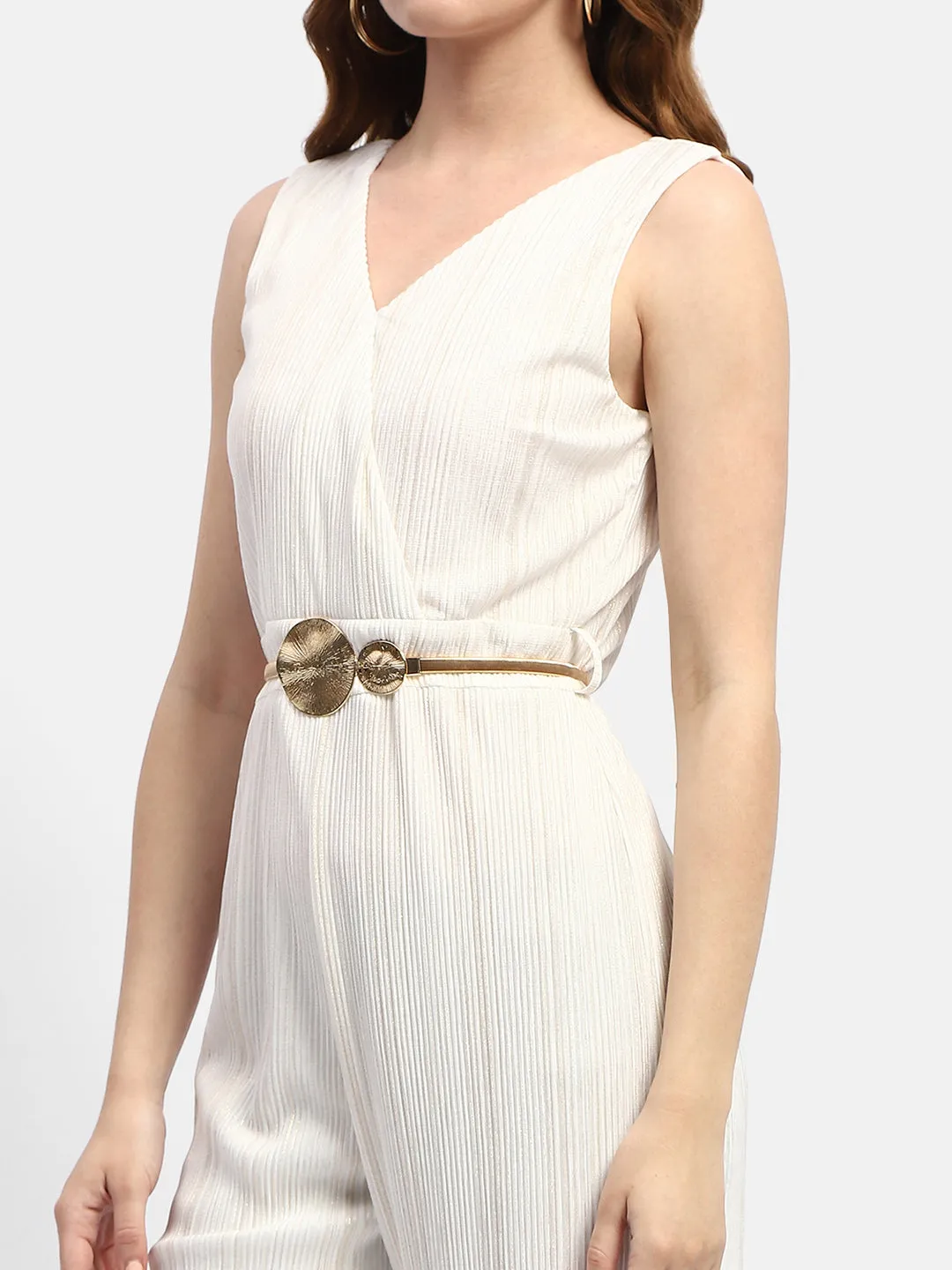 Madame Surplice Neck White Textured Jumpsuit