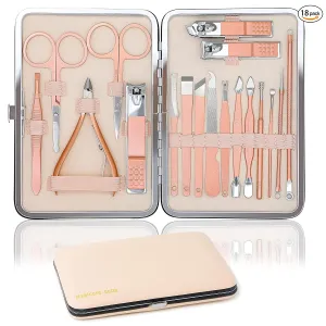 Manicure set, manicure set for men and women- premium stainless steel, Nail Scissors Nail File Ear Pick Tweezers Nose Hair Scissors with Black Leather Travel Case SET 18P (Black)