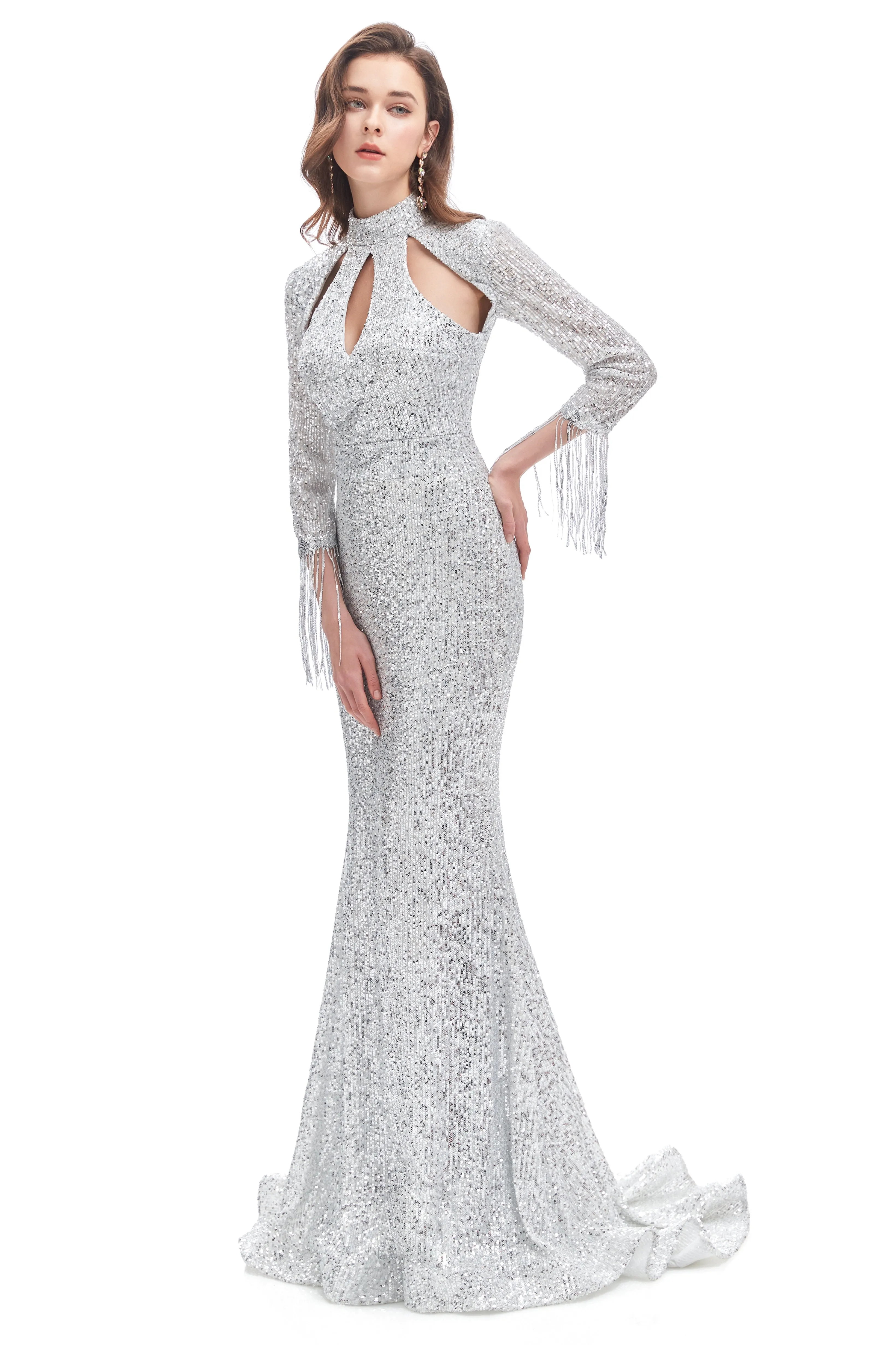 Mermaid High Neck Sequined Floor-length Long Sleeve Prom Dress