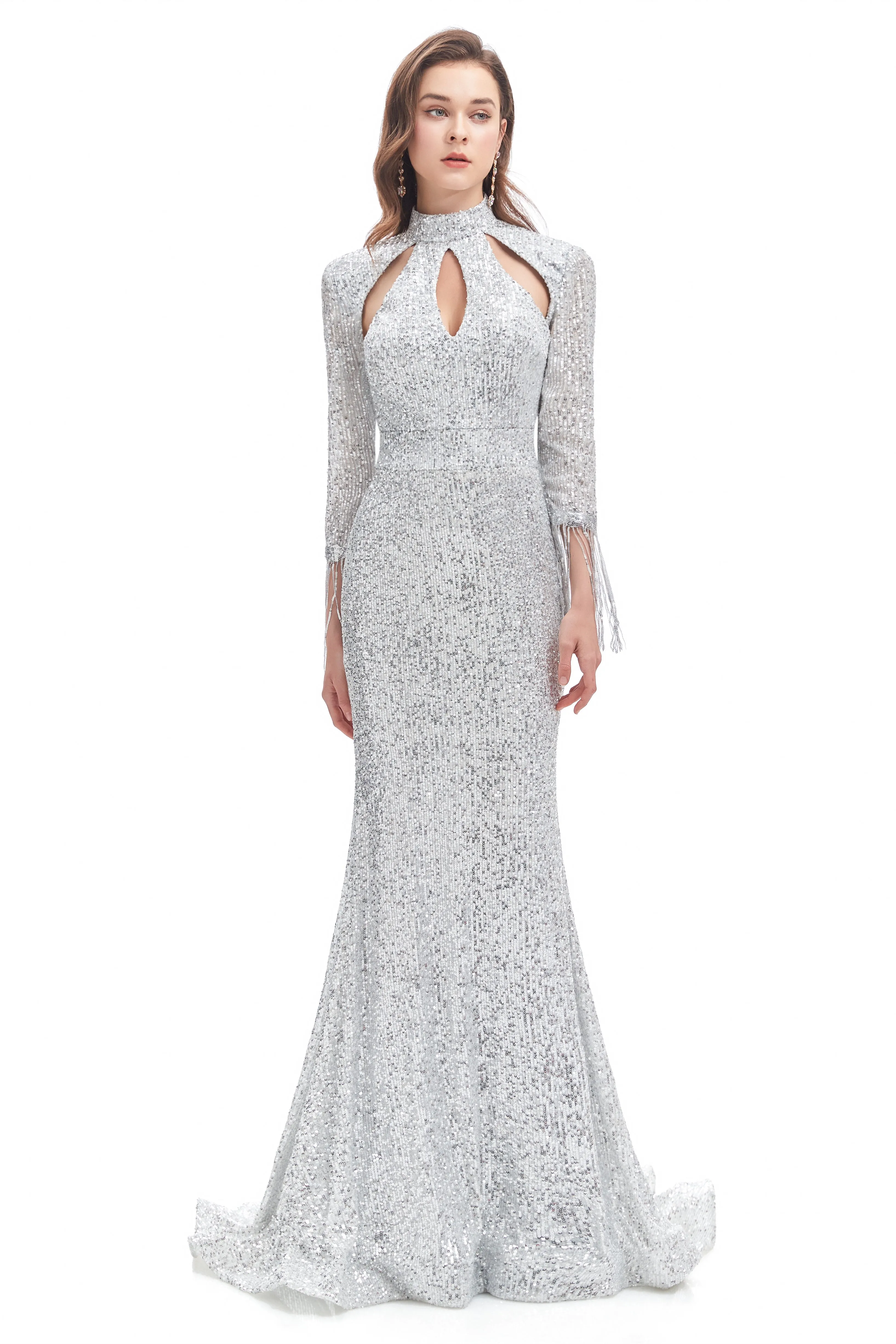 Mermaid High Neck Sequined Floor-length Long Sleeve Prom Dress