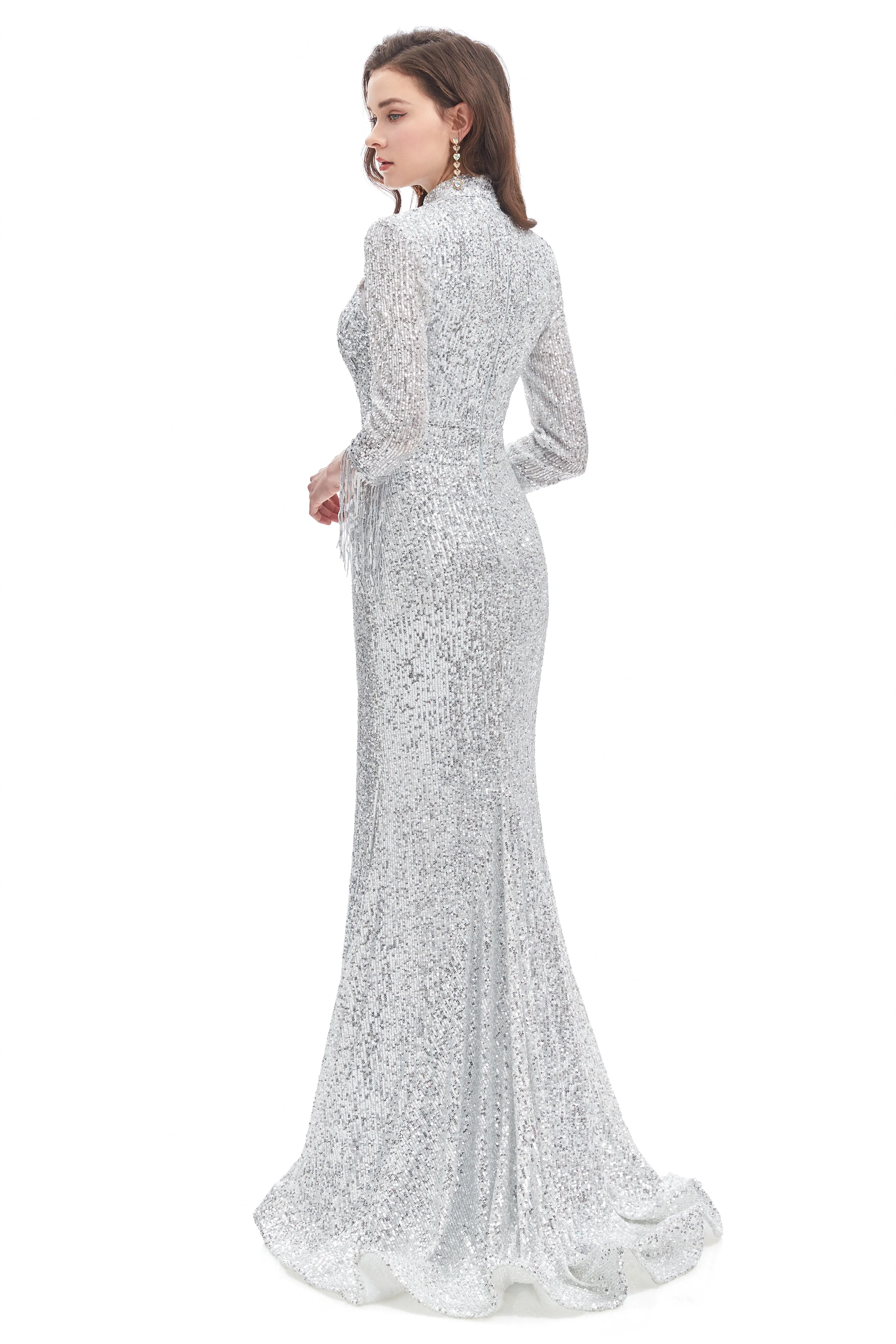Mermaid High Neck Sequined Floor-length Long Sleeve Prom Dress