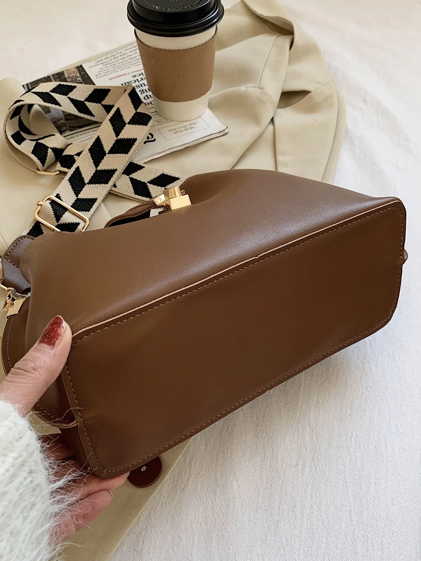 Metal Buckle Bucket Bag - Brown