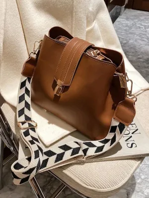 Metal Buckle Bucket Bag - Brown