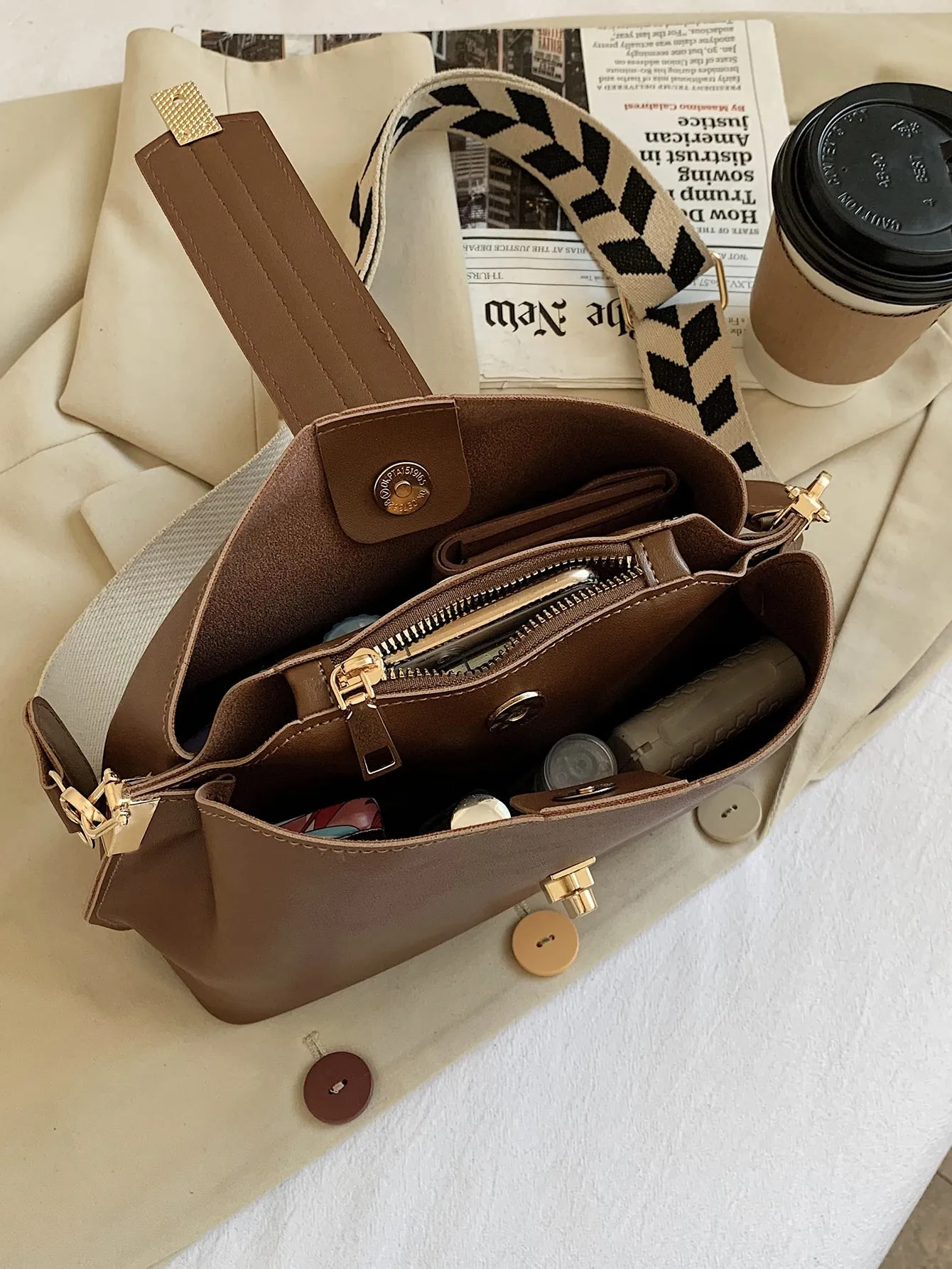 Metal Buckle Bucket Bag - Brown