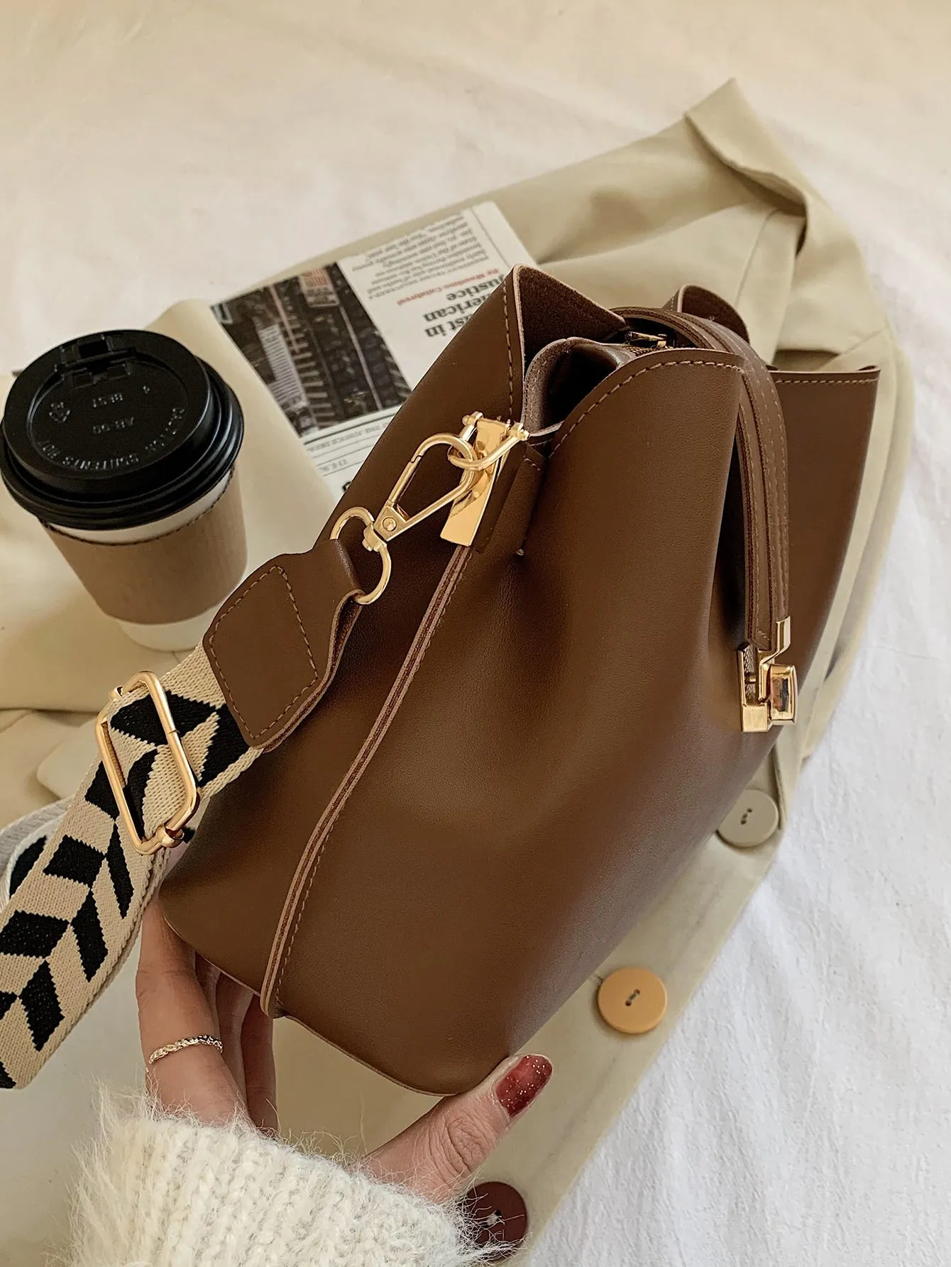 Metal Buckle Bucket Bag - Brown