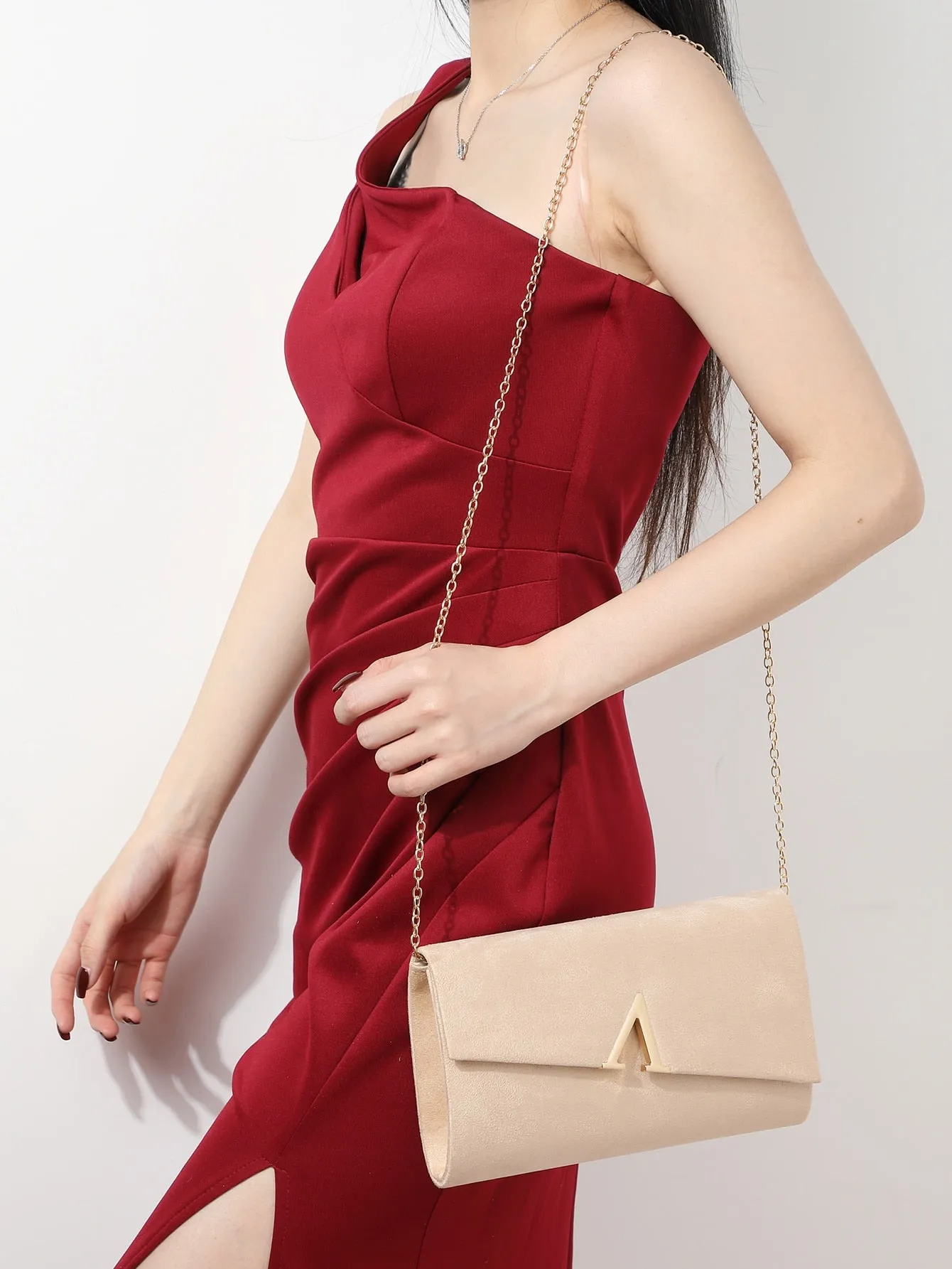 Metal Decor Clutch Bag With Chain Strap - Apricot