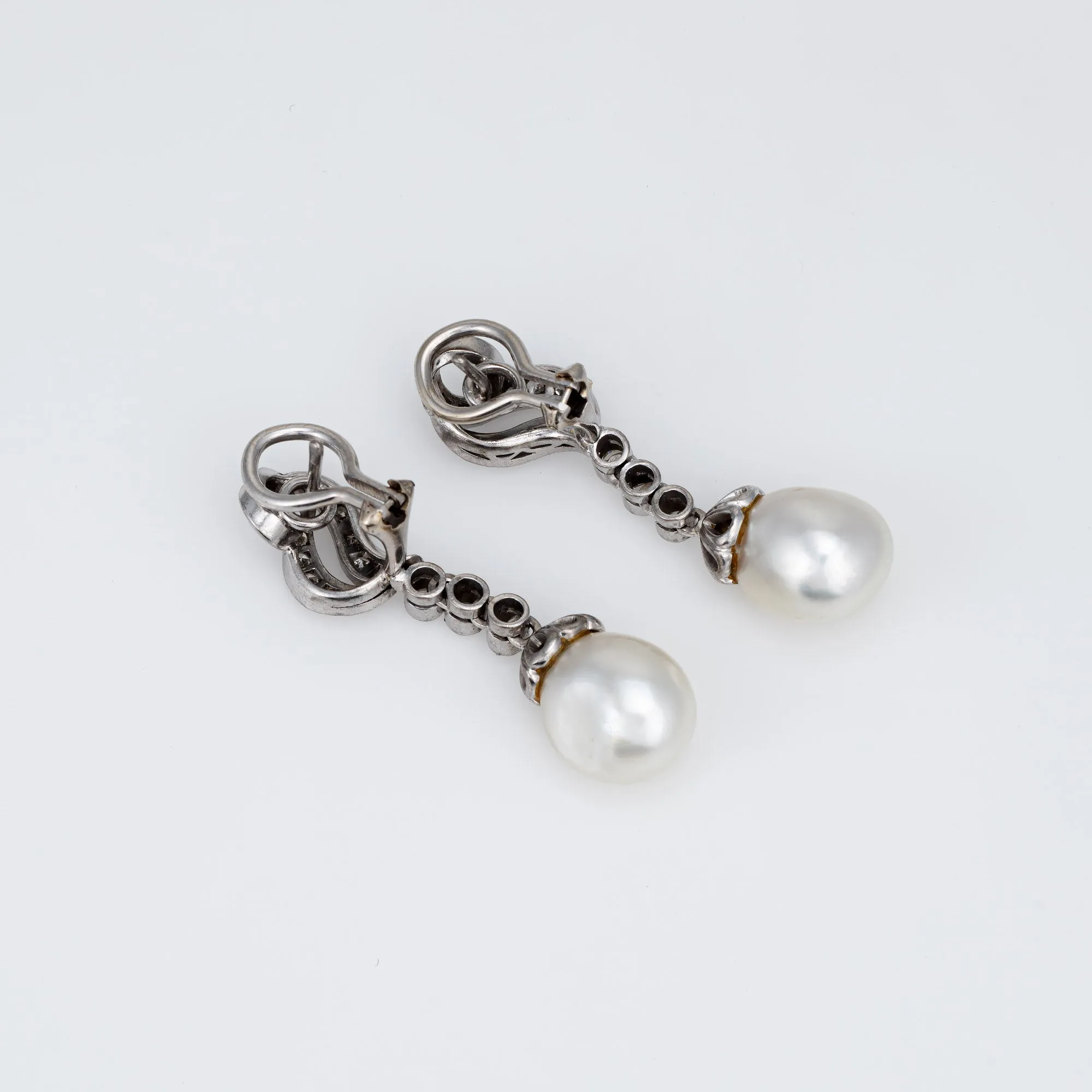 Mid Century Baroque Pearl Diamond Earrings 14k White Gold 1.5" Drops Jewelry