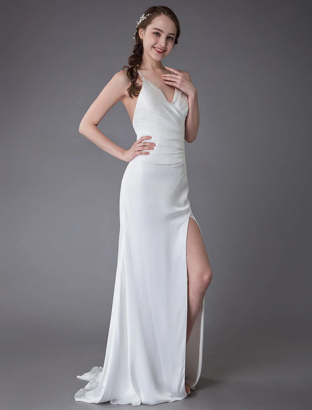 Modern Beach Wedding Dresses Sexy Bridal Dress High Split Ivory Sheath Straps Summer Wedding Gowns