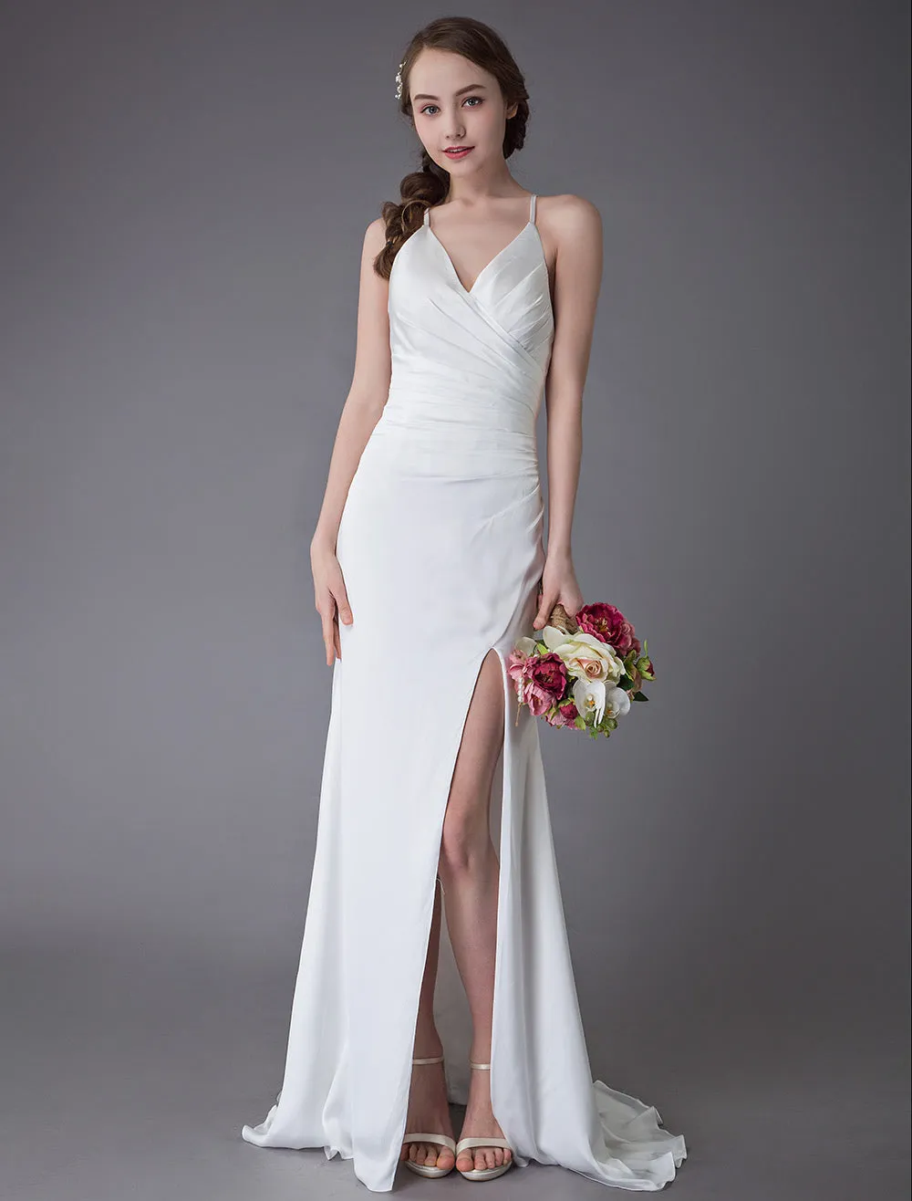 Modern Beach Wedding Dresses Sexy Bridal Dress High Split Ivory Sheath Straps Summer Wedding Gowns
