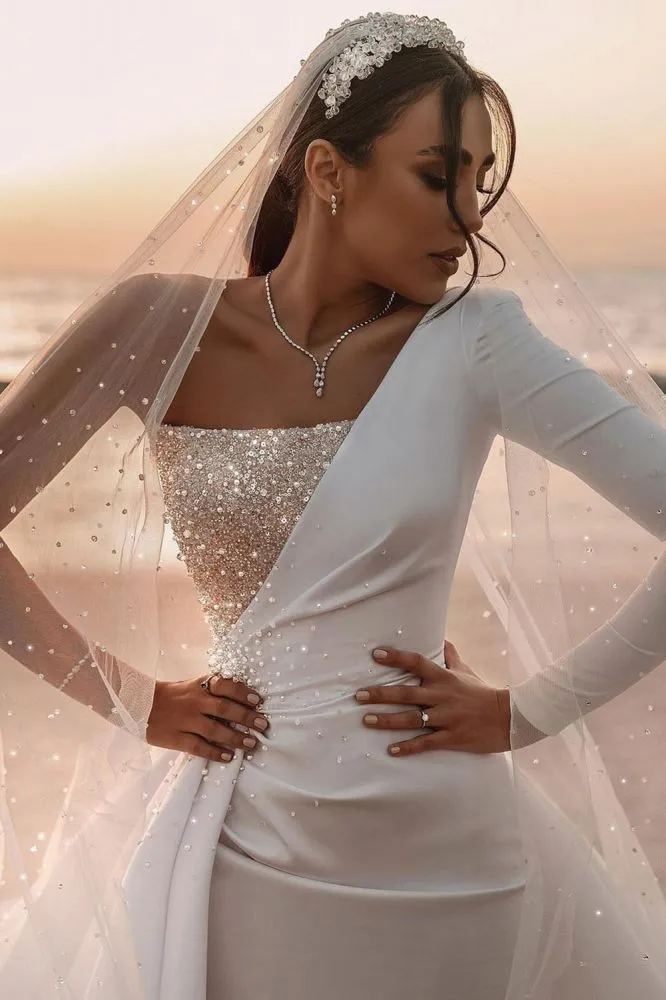 Modern One Shoulder Ruffles Satin Sparkly Seqiuns Mermaid Bridal Dress