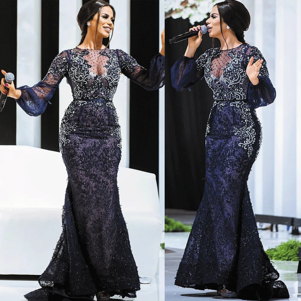 modest evening dresses long sleeve lace appliqué beaded mermaid navy blue elegant formal dress