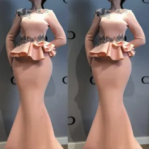 modest peach evening dresses long sleeve elegant beaded mermaid evening gown vestido de festa