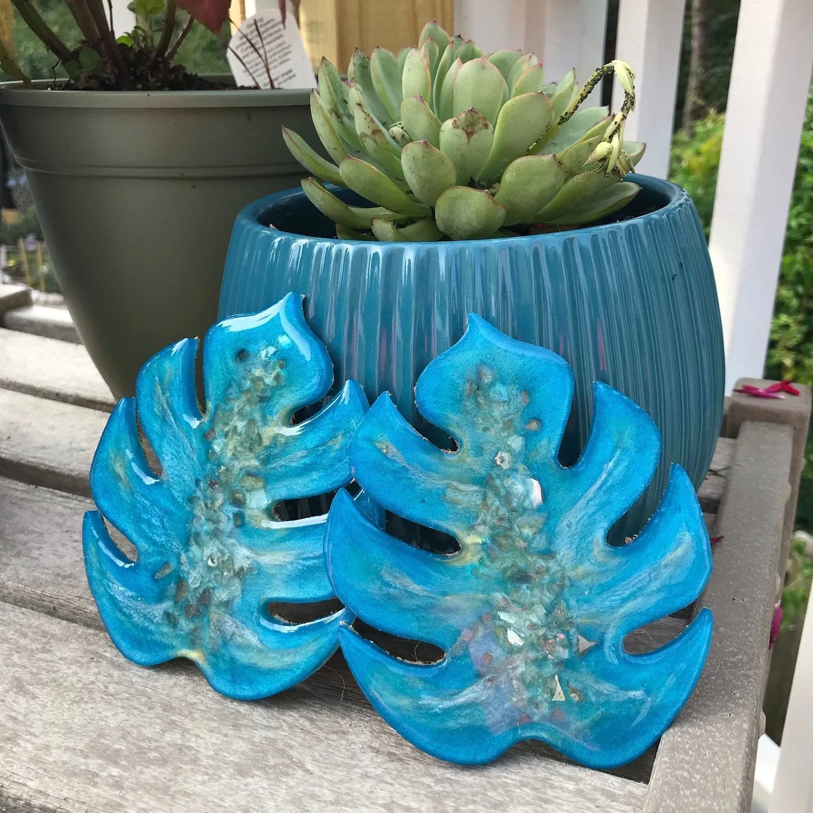 Monstera Leaf Crushed Glass/Mirror Coaster Set of 2