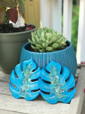 Monstera Leaf Crushed Glass/Mirror Coaster Set of 2