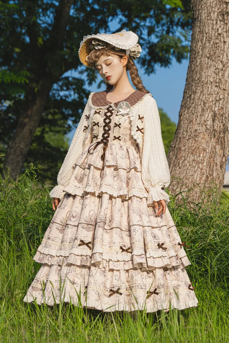 Multi-Color Evening Time Multi-Layered Print Ruffle Bowknot Lace-Up Sweet Elegant Lolita Dress