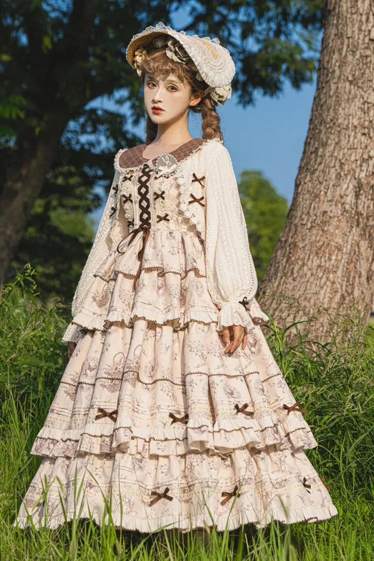 Multi-Color Evening Time Multi-Layered Print Ruffle Bowknot Lace-Up Sweet Elegant Lolita Dress