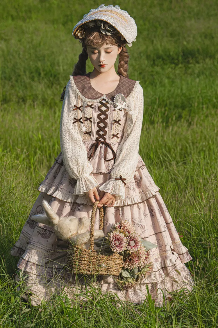 Multi-Color Evening Time Multi-Layered Print Ruffle Bowknot Lace-Up Sweet Elegant Lolita Dress