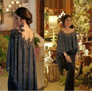 muslim caftan black lace evening dresses 2020 mermaid elegant vintage appliqué beaded Dubai evening gown