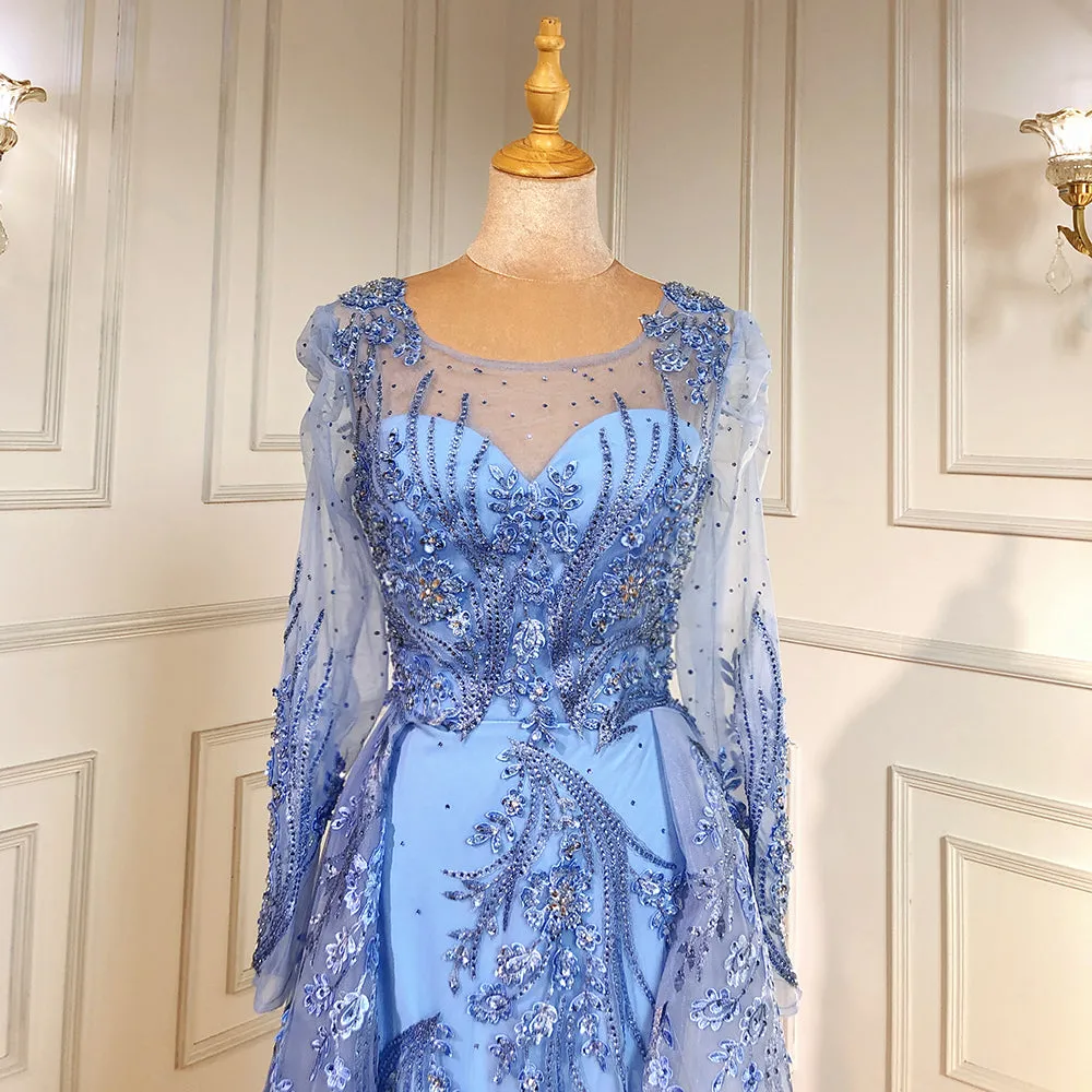 Muslim Luxury Blue Evening Dresses Gowns Long Sleeves
