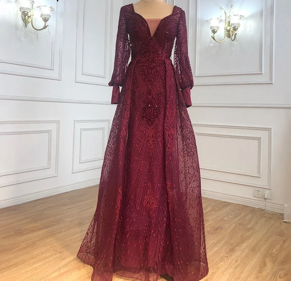 Muslim Luxury Blue Evening Dresses Gowns Long Sleeves