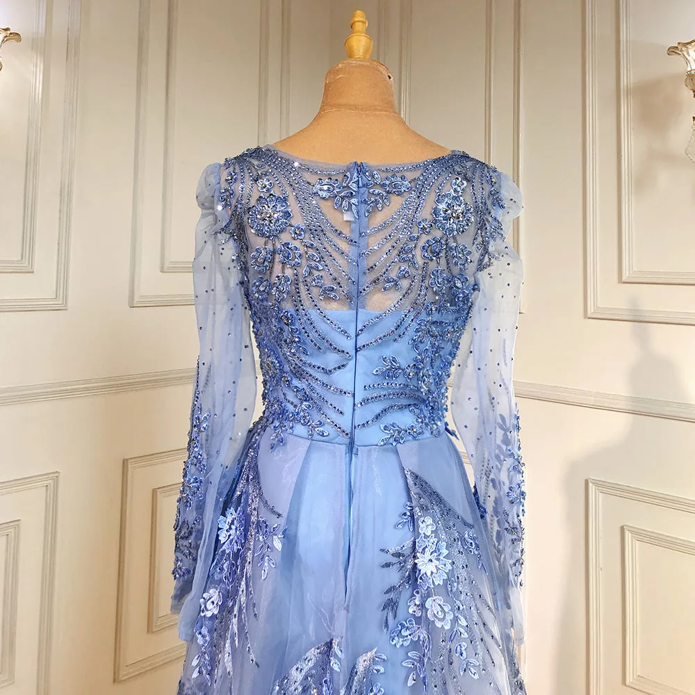 Muslim Luxury Blue Evening Dresses Gowns Long Sleeves