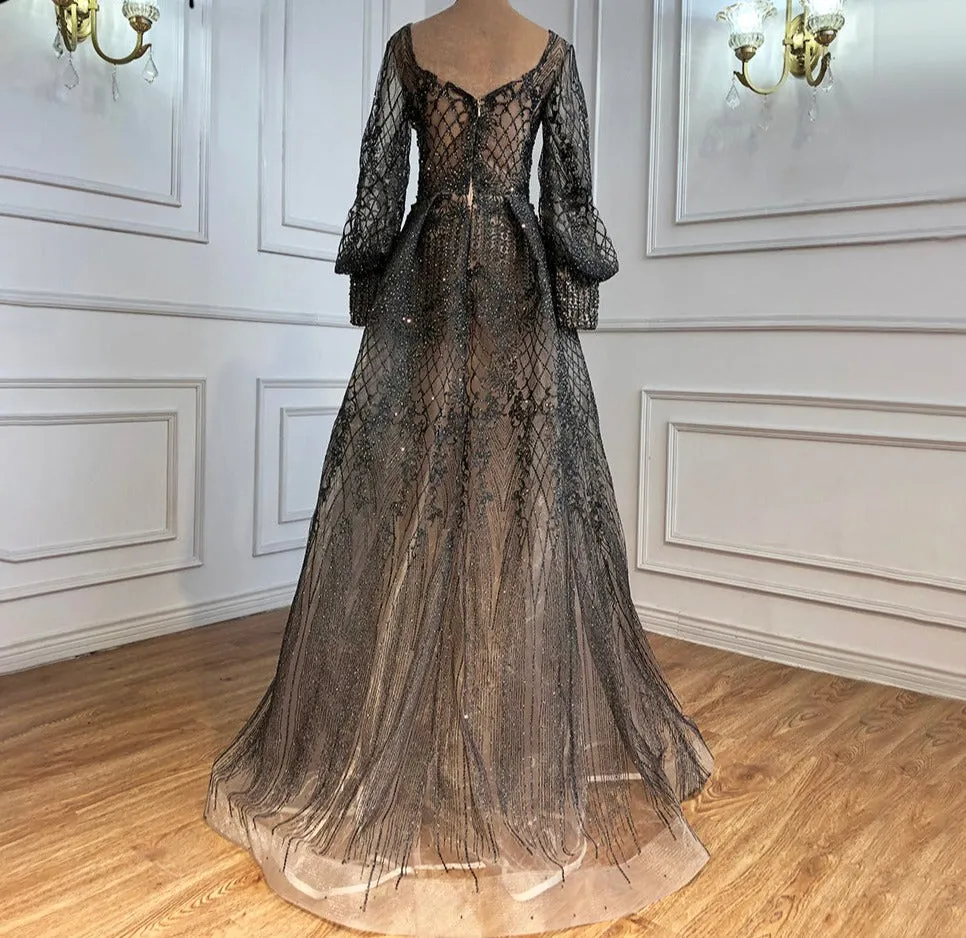 Muslim Luxury Blue Evening Dresses Gowns Long Sleeves