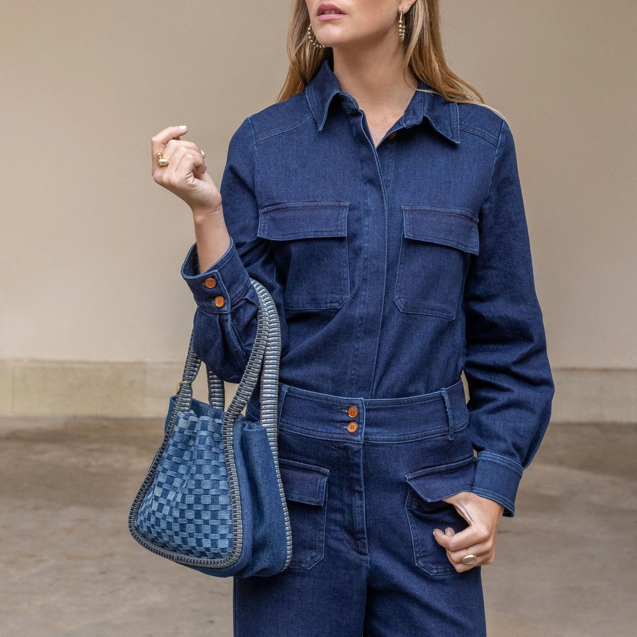 Negara Gathered Mini Denim Tote Bag | Blue