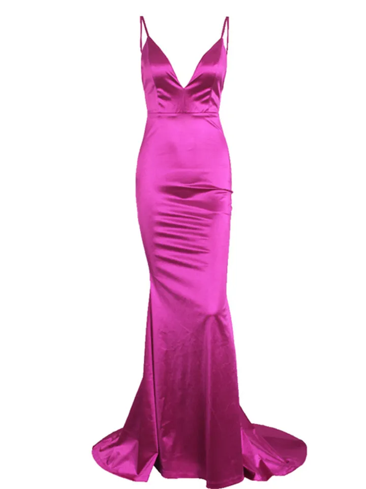New Elegant Sexy Backless Satin Strappy Deep V Neck Floor Length Evening Dresses