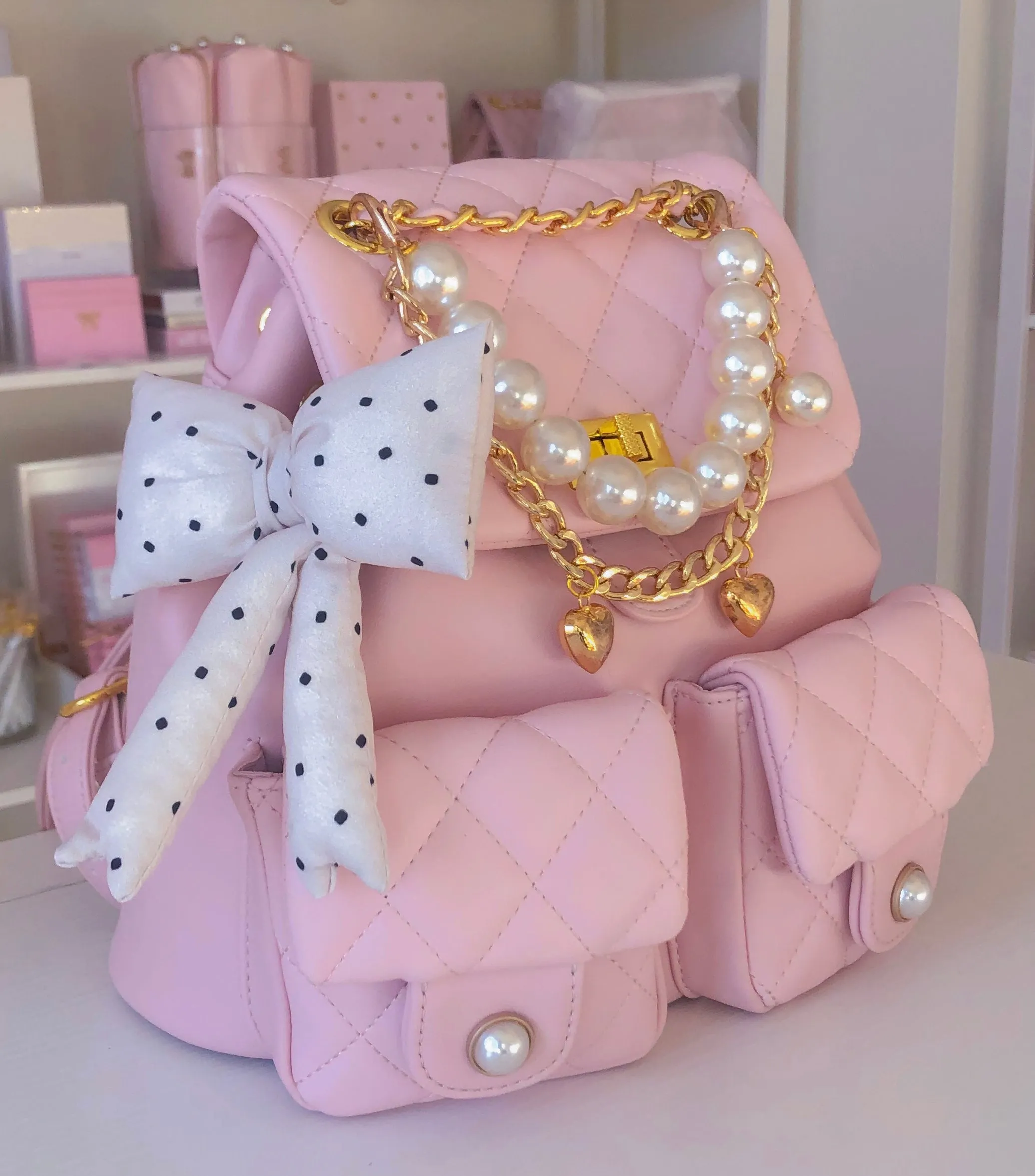 NEW! WHITE PUFFY DOT BOW KEYCHAIN
