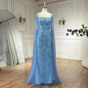 Nude Cape Sleeves Mermaid Dress with Beads for Luxury Wedding Parties