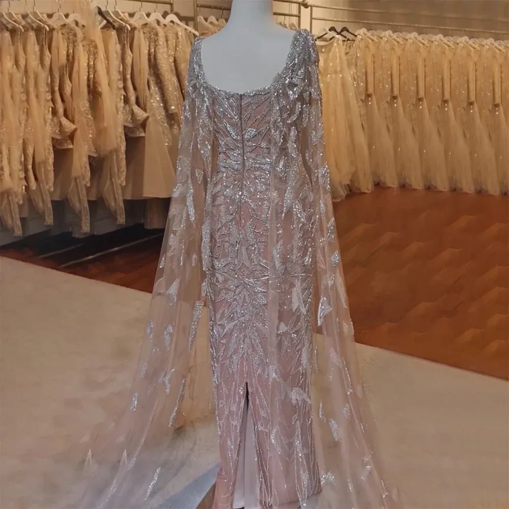 Nude Cape Sleeves Mermaid Dress with Beads for Luxury Wedding Parties