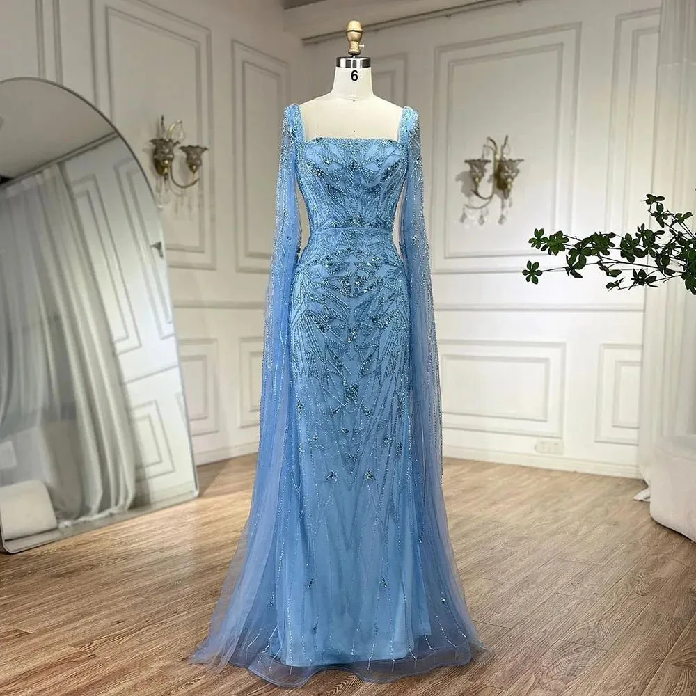Nude Cape Sleeves Mermaid Dress with Beads for Luxury Wedding Parties