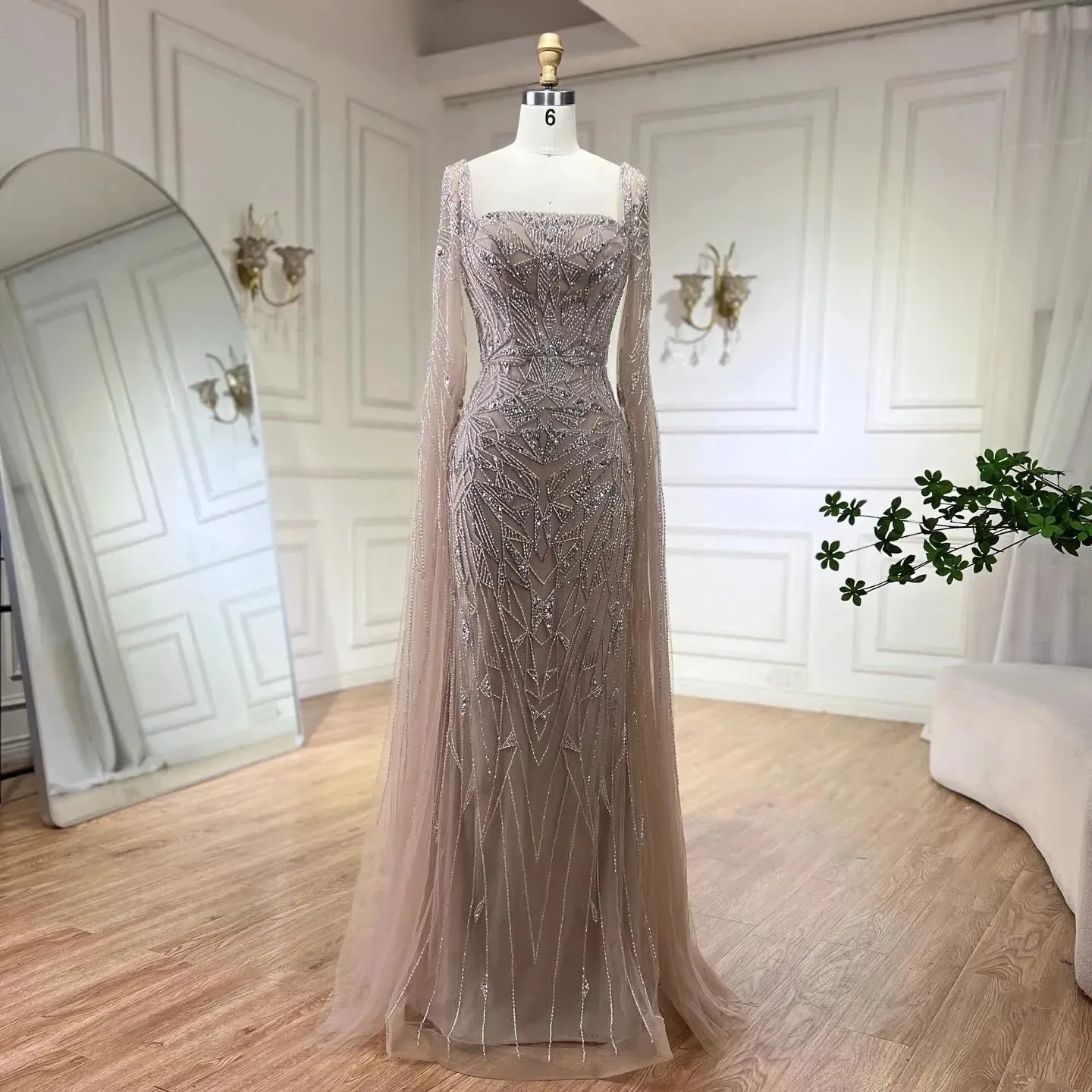 Nude Cape Sleeves Mermaid Dress with Beads for Luxury Wedding Parties