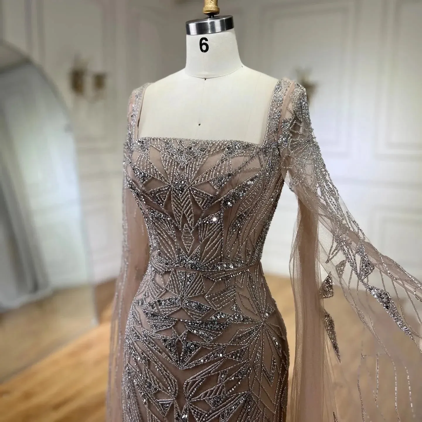 Nude Cape Sleeves Mermaid Dress with Beads for Luxury Wedding Parties