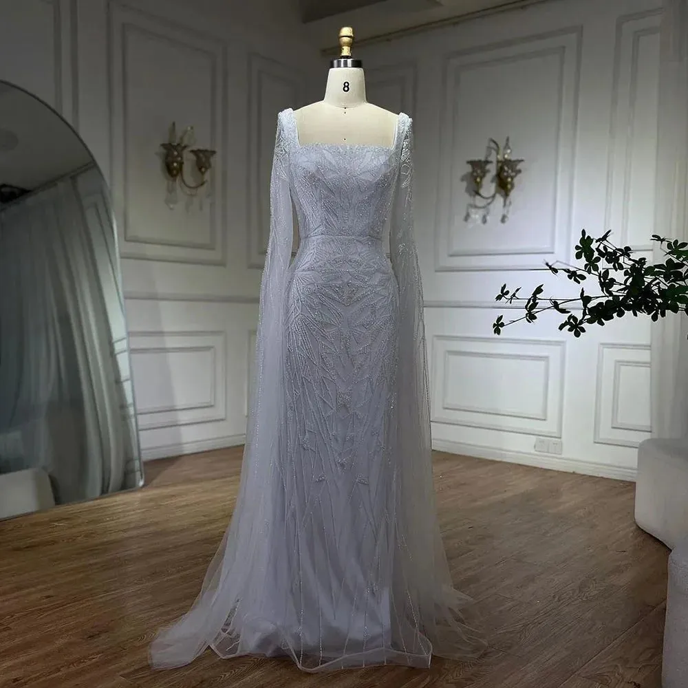 Nude Cape Sleeves Mermaid Dress with Beads for Luxury Wedding Parties