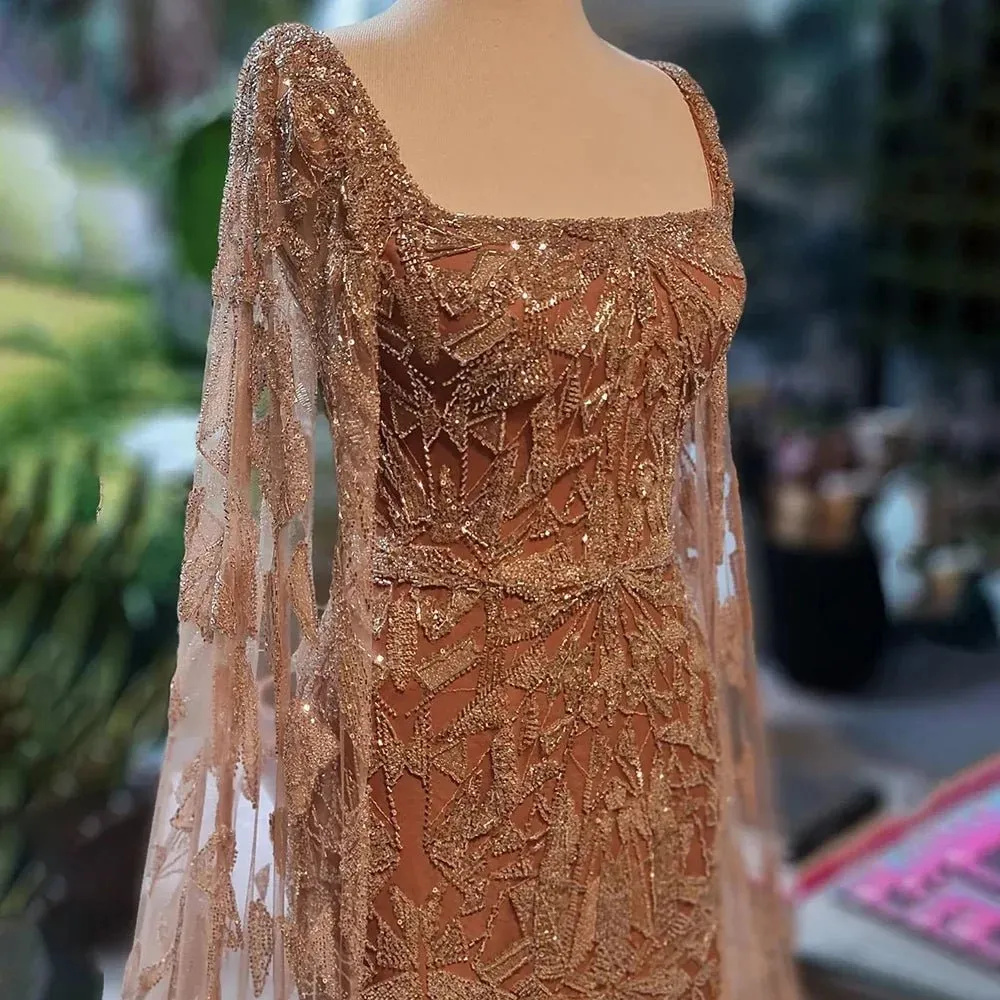 Nude Cape Sleeves Mermaid Dress with Beads for Luxury Wedding Parties
