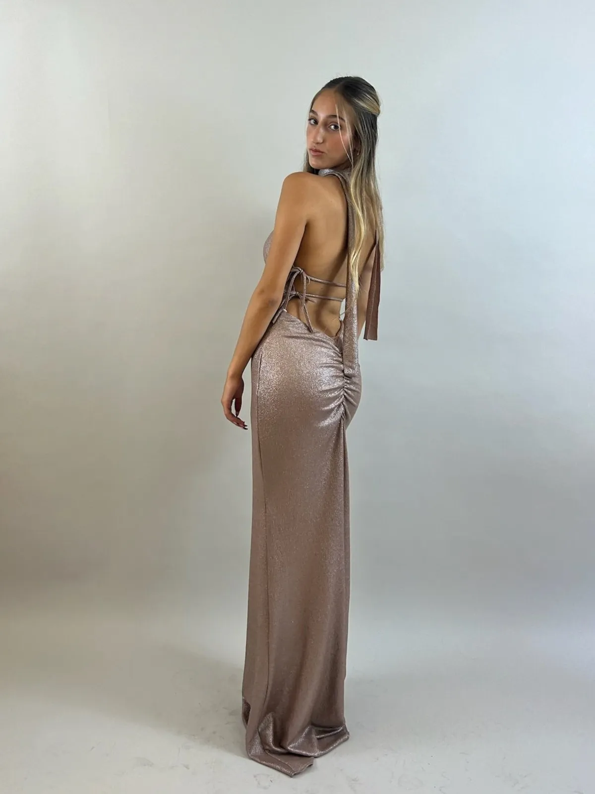 Nude Color Shimmering Lycra Evening Dress