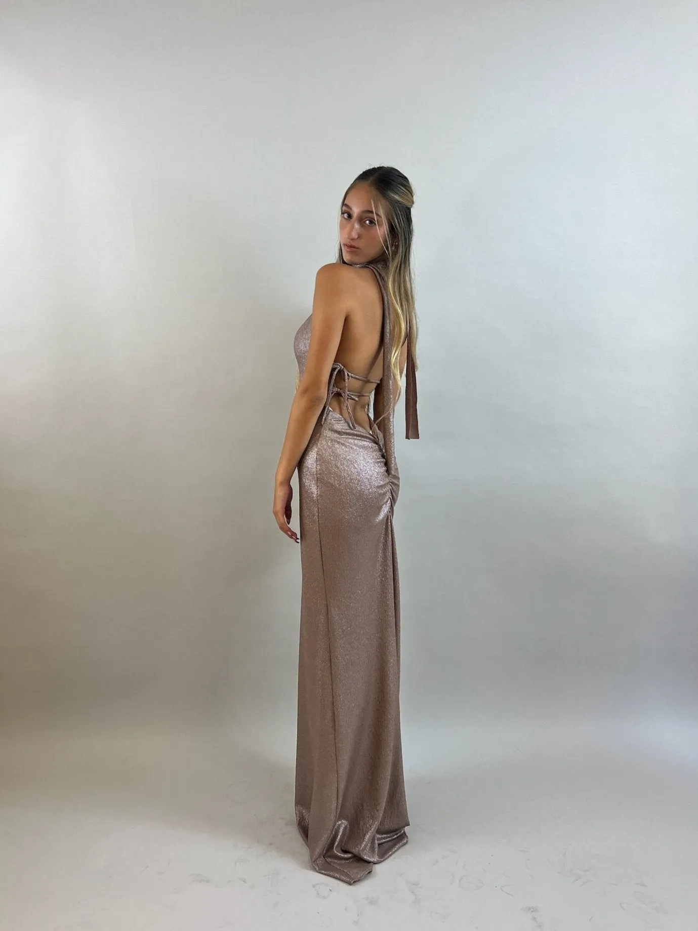 Nude Color Shimmering Lycra Evening Dress
