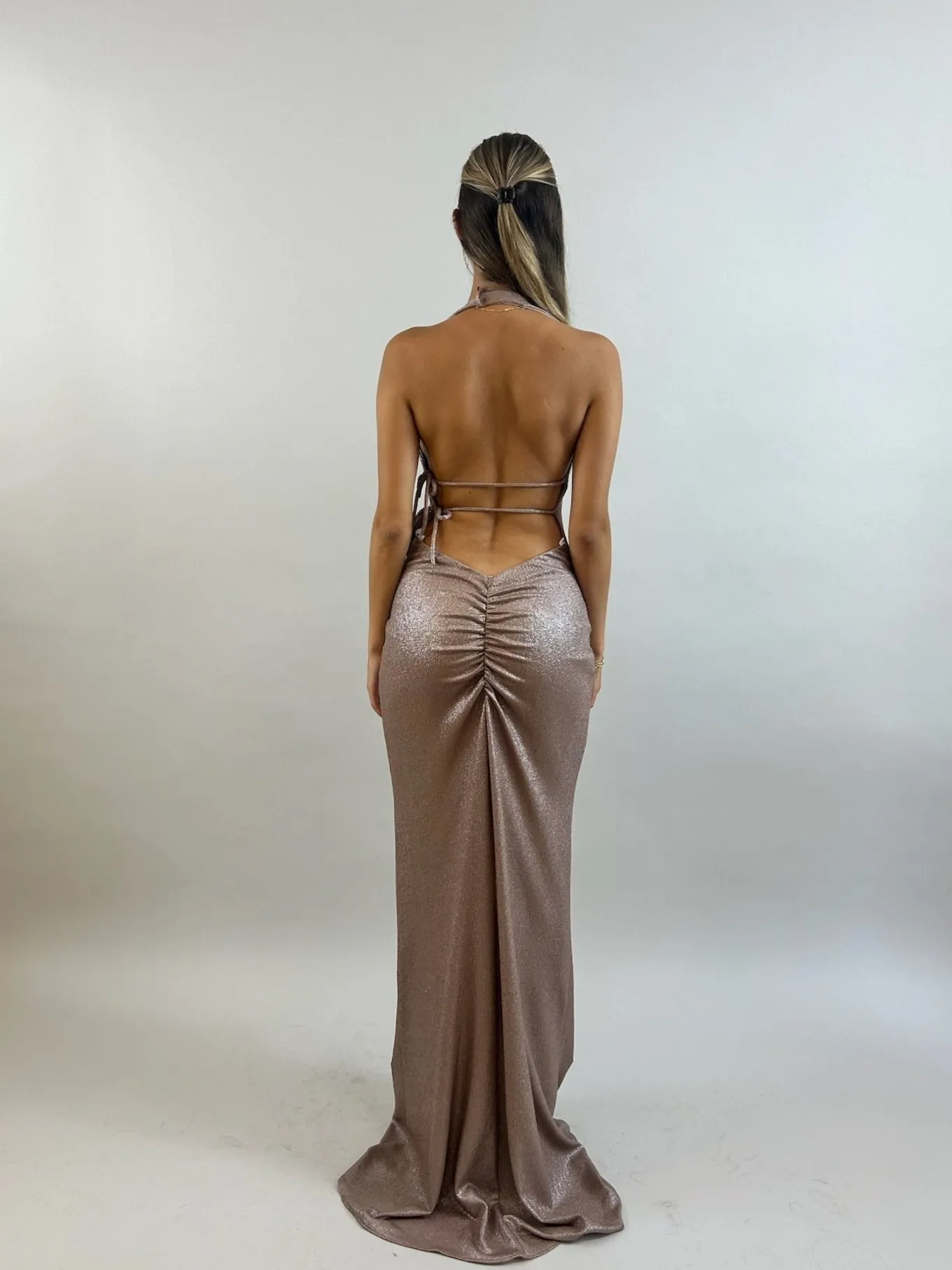 Nude Color Shimmering Lycra Evening Dress