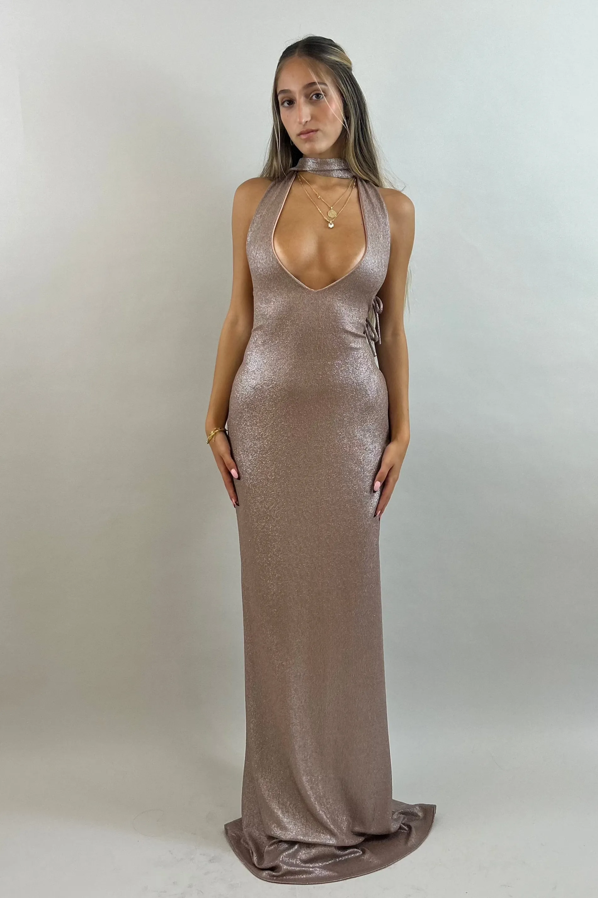 Nude Color Shimmering Lycra Evening Dress