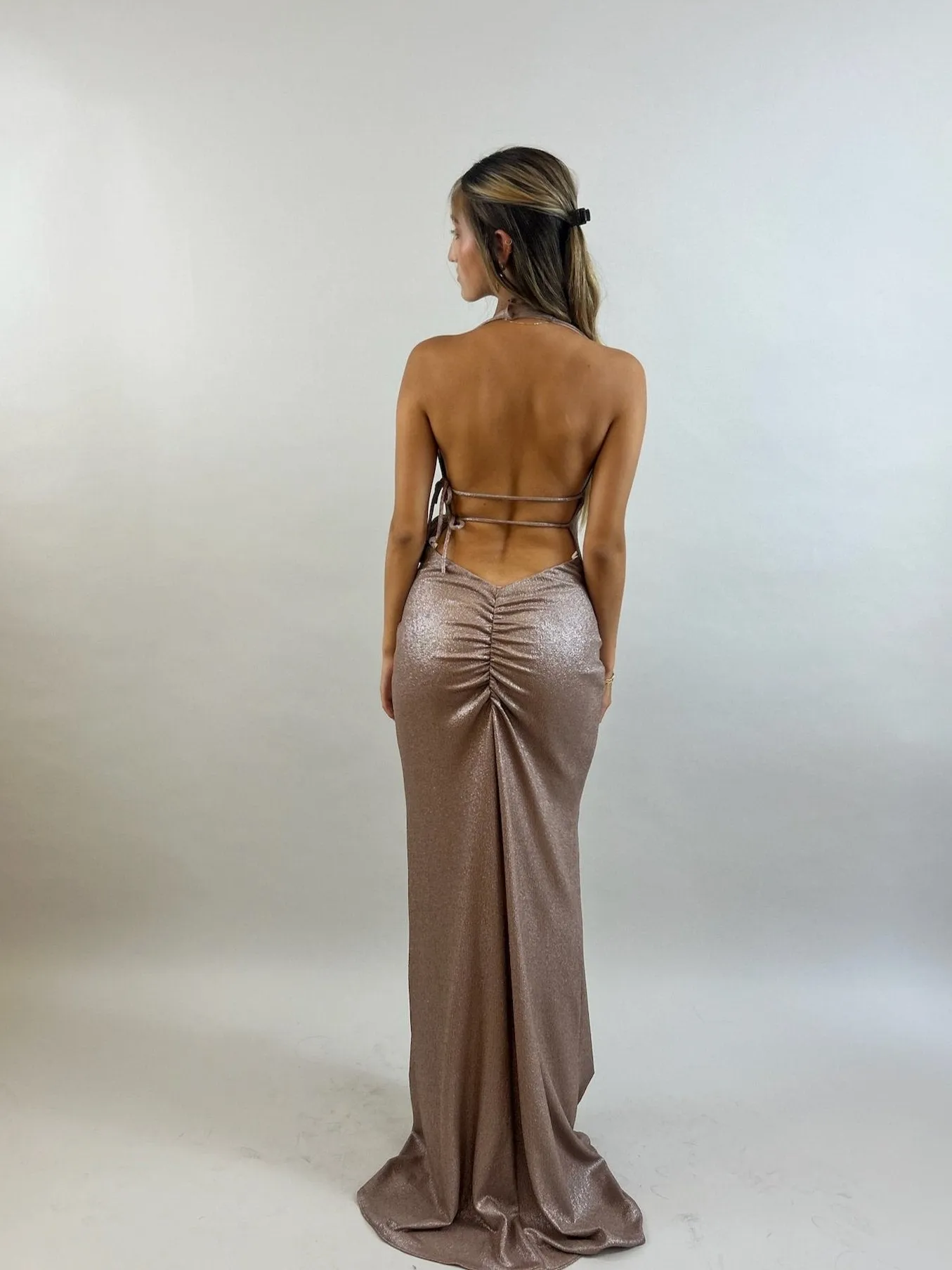 Nude Color Shimmering Lycra Evening Dress