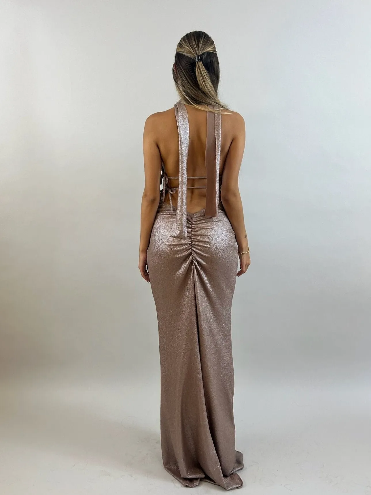 Nude Color Shimmering Lycra Evening Dress