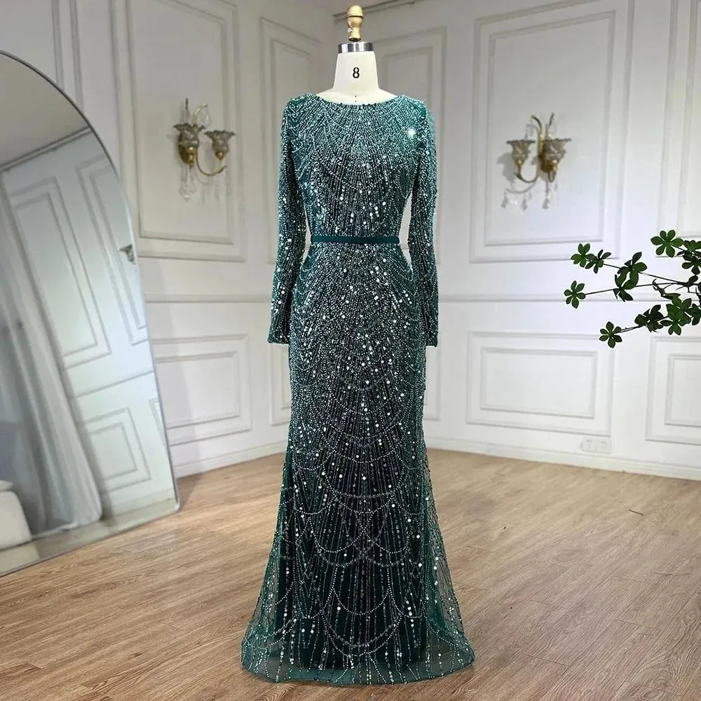 Nude Luxury Beaded Pearls Mermaid Evening Dress